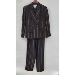 Evan Picone Black Pinstripe Pantsuit with Brown Stripes